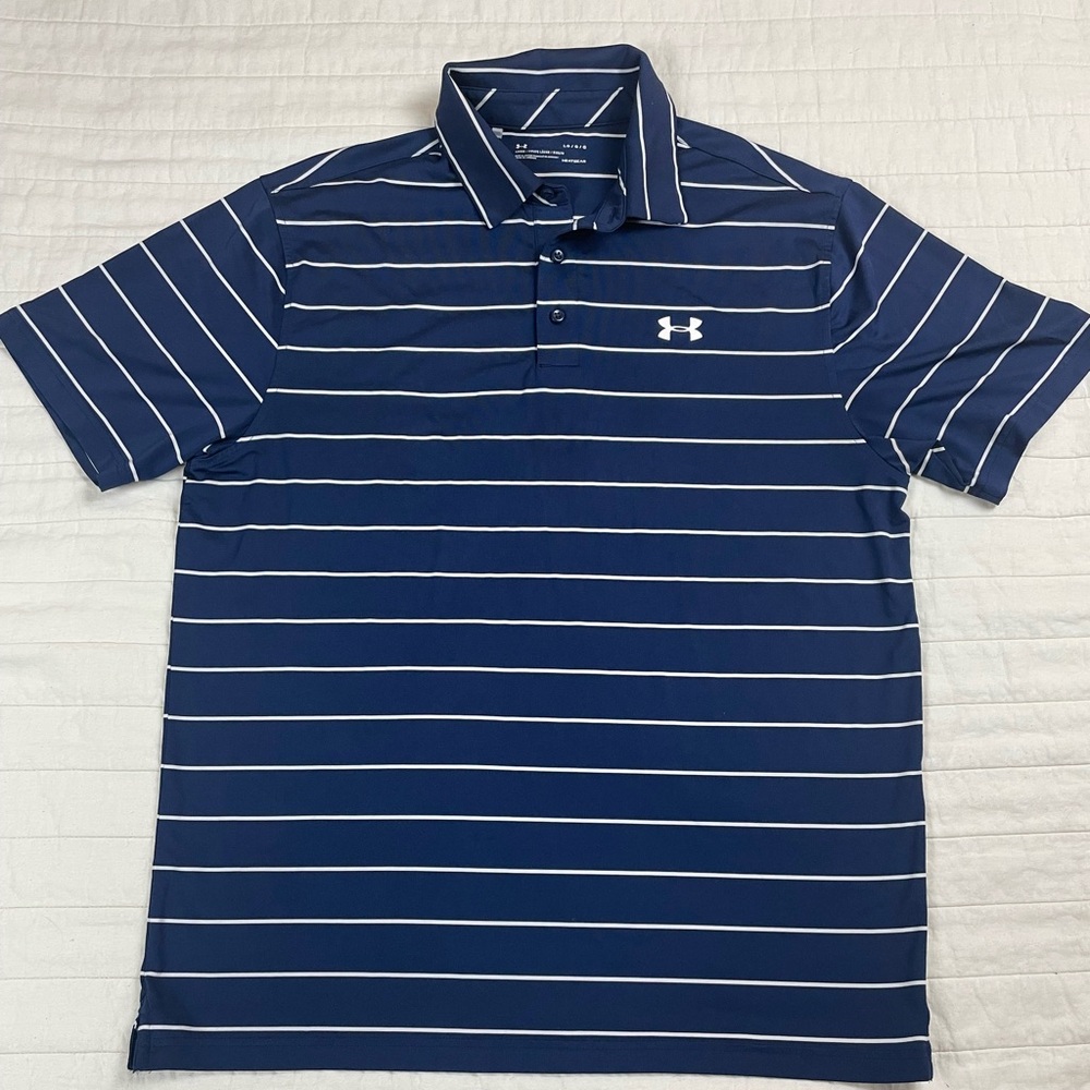 Under Armour Heatgear Men's Blue Striped Performance Golf Polo Loose Fit Large